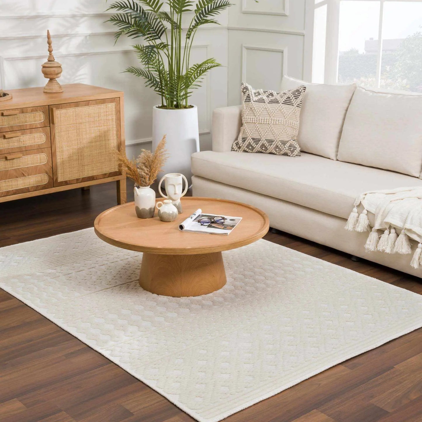 Drago White Machine Washable Area Rug ivory textured geometric pattern by Boutique Rugs on Tampa Home & Garden Store