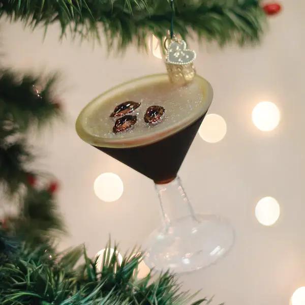 Espresso Martini ornament in a black-stemmed glass with coffee beans, holiday tree decor on Tampa Home & Garden Store