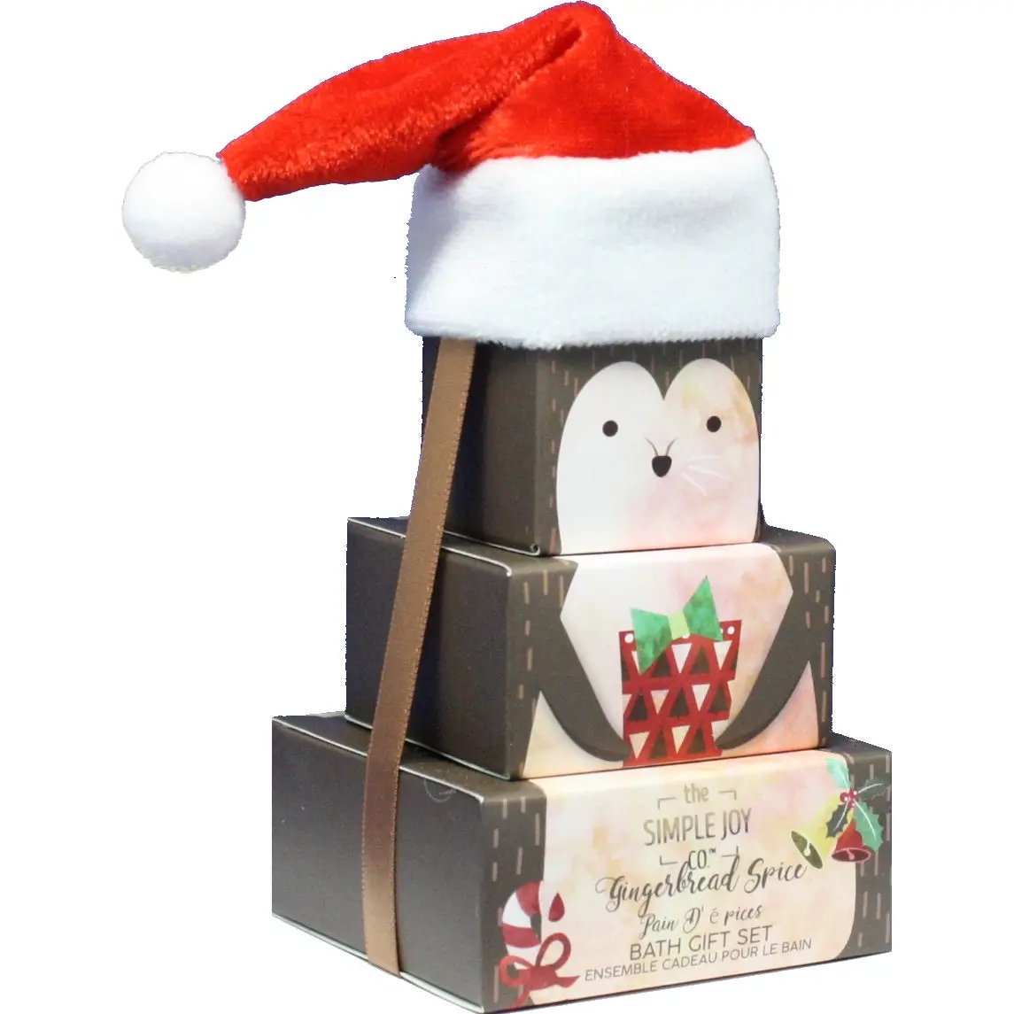 Gingerbread Spice Bath Gift Set with festive stacked boxes and Santa hat on Tampa Home & Garden Store