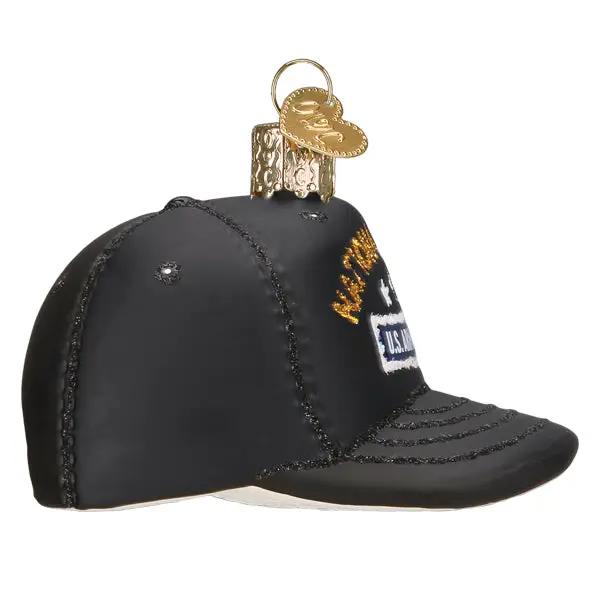Old World Christmas National Guard cap ornament, black with gold stitching and US flag patch on Tampa Home & Garden Store