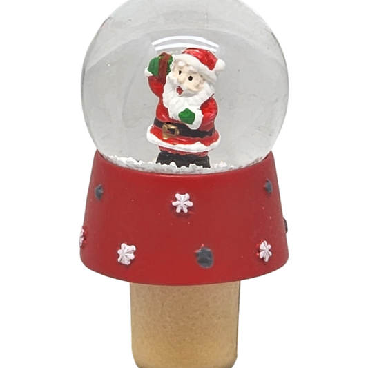 Waterglobe wine stopper snow globe charm featuring Santa in a red suit atop a red base with white snow on Tampa Home & Garden Store