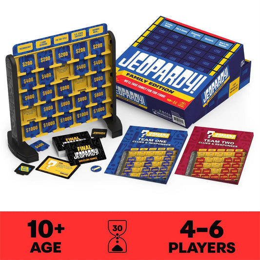 Jeopardy! Family Edition trivia board game with blue and yellow board and clue cards on Tampa Home & Garden Store