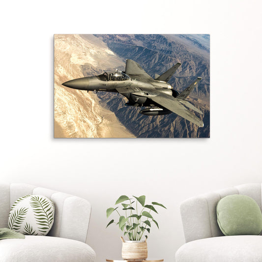 Fighter Plane Canvas Wall Art Tailored Canvases; gray jet soaring over rugged desert mountains on Tampa Home & Garden Store