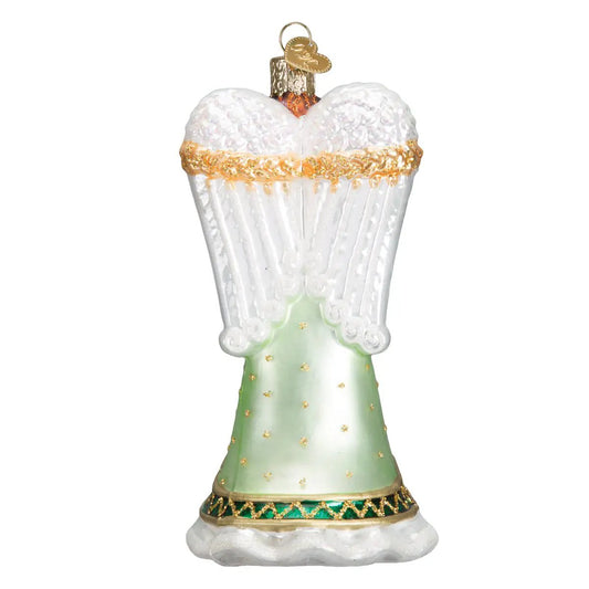 Irish Angel Glass Blown Ornament handcrafted green gown with white wings and gold trim The Country Christmas Loft on Tampa Home & Garden Store