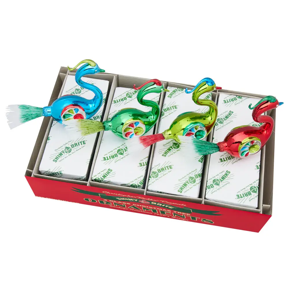 Holiday Reflector Glass Bird Ornaments 4-Pack; four blue green red birds with shiny finish on Tampa Home & Garden Store
