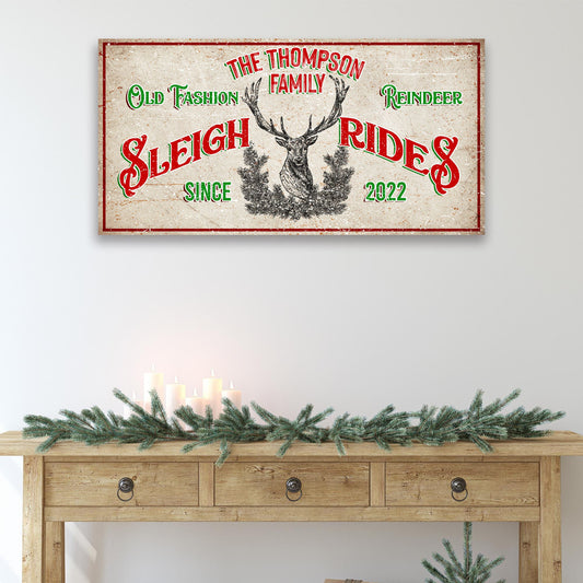 Christmas Reindeer Sign canvas with beige red-green typography and deer illustration on border on Tampa Home & Garden Store