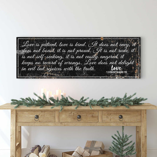 Canvas featuring 1 Corinthians 13 verse in white cursive on black background Tailored Canvases on Tampa Home & Garden Store