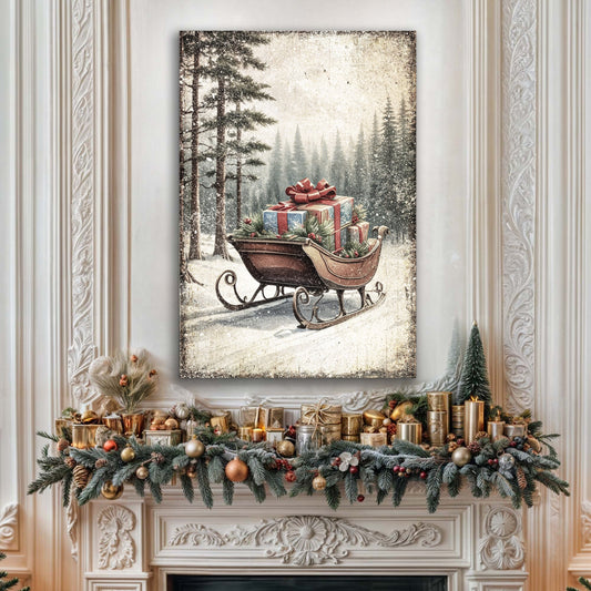 Vintage Christmas Sleigh Sled Wall Art canvas by Tailored Canvases; forest scene with gifts on Tampa Home & Garden Store