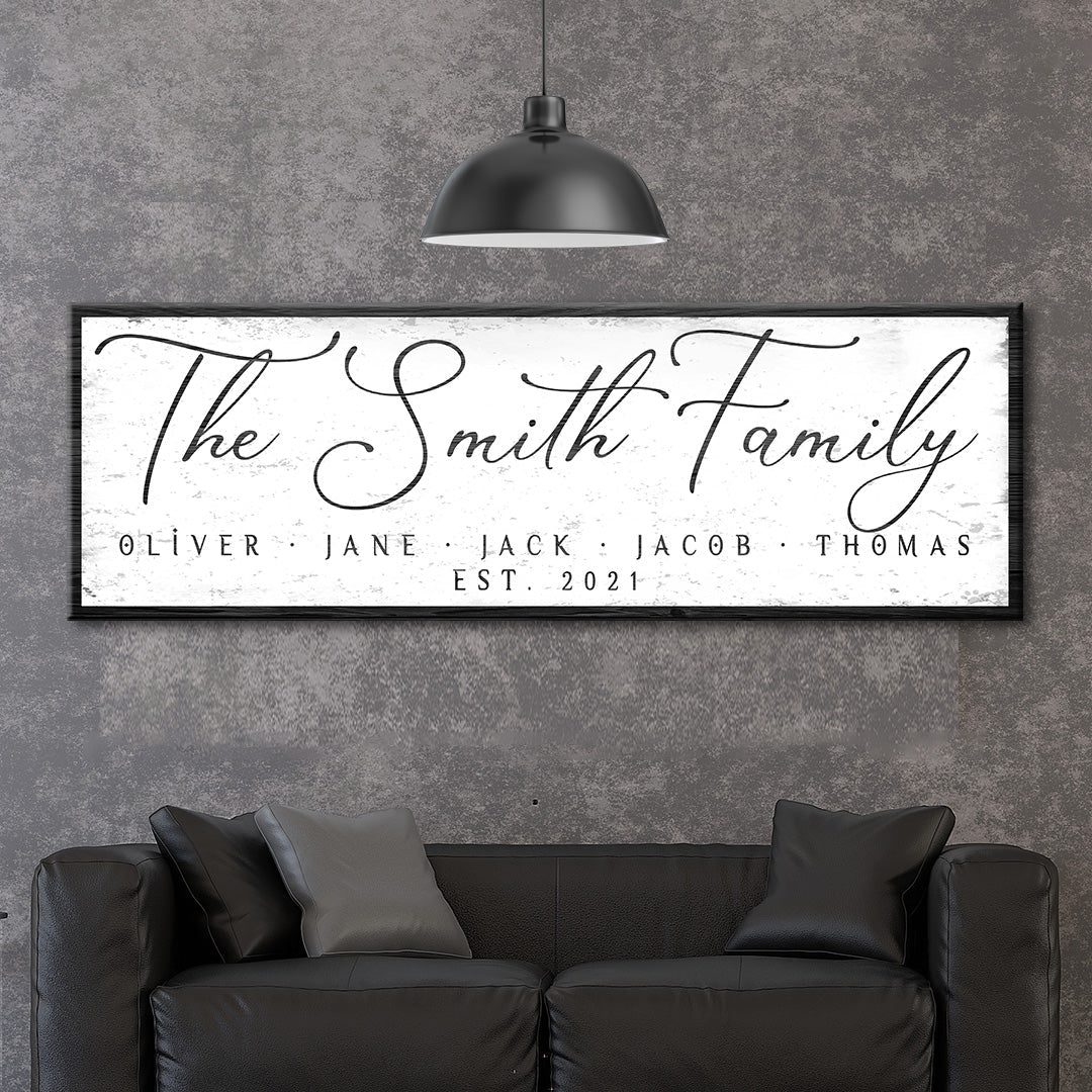 Family Sign II canvas wall art with distressed white panel and black frame The Smith Family on Tampa Home & Garden Store