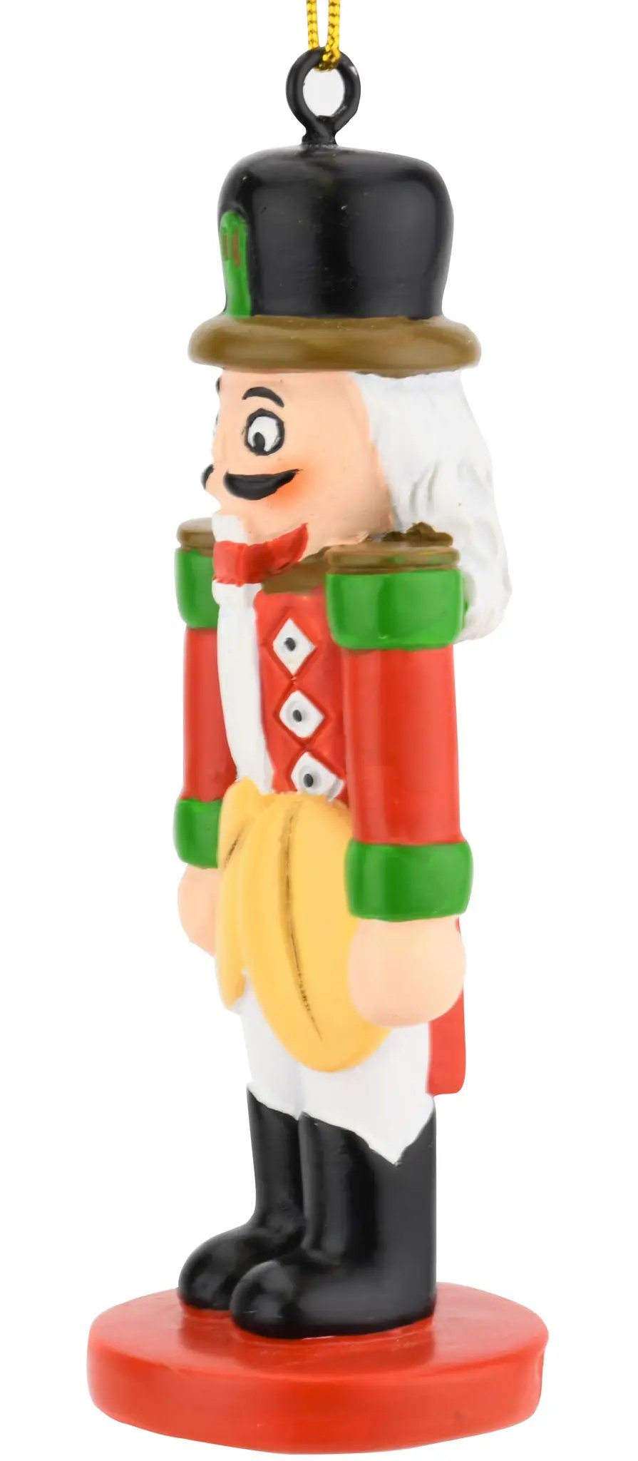 Funny nutcracker by The Country Christmas Loft; red coat with green cuffs, black hat, hanging on Tampa Home & Garden Store