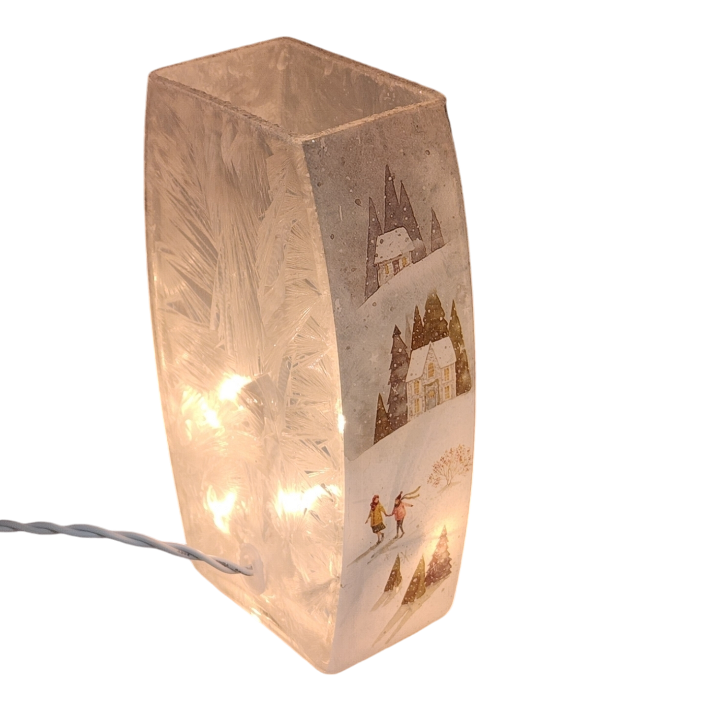 Vase en verre lumineux - Paysage hivernal magique - Trois maisons - 19,7 cm de hauteur