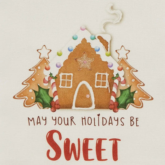 Holidays Be Sweet Gingerbread House Dish Towel with colorful lights and candy cane accents on Tampa Home & Garden Store