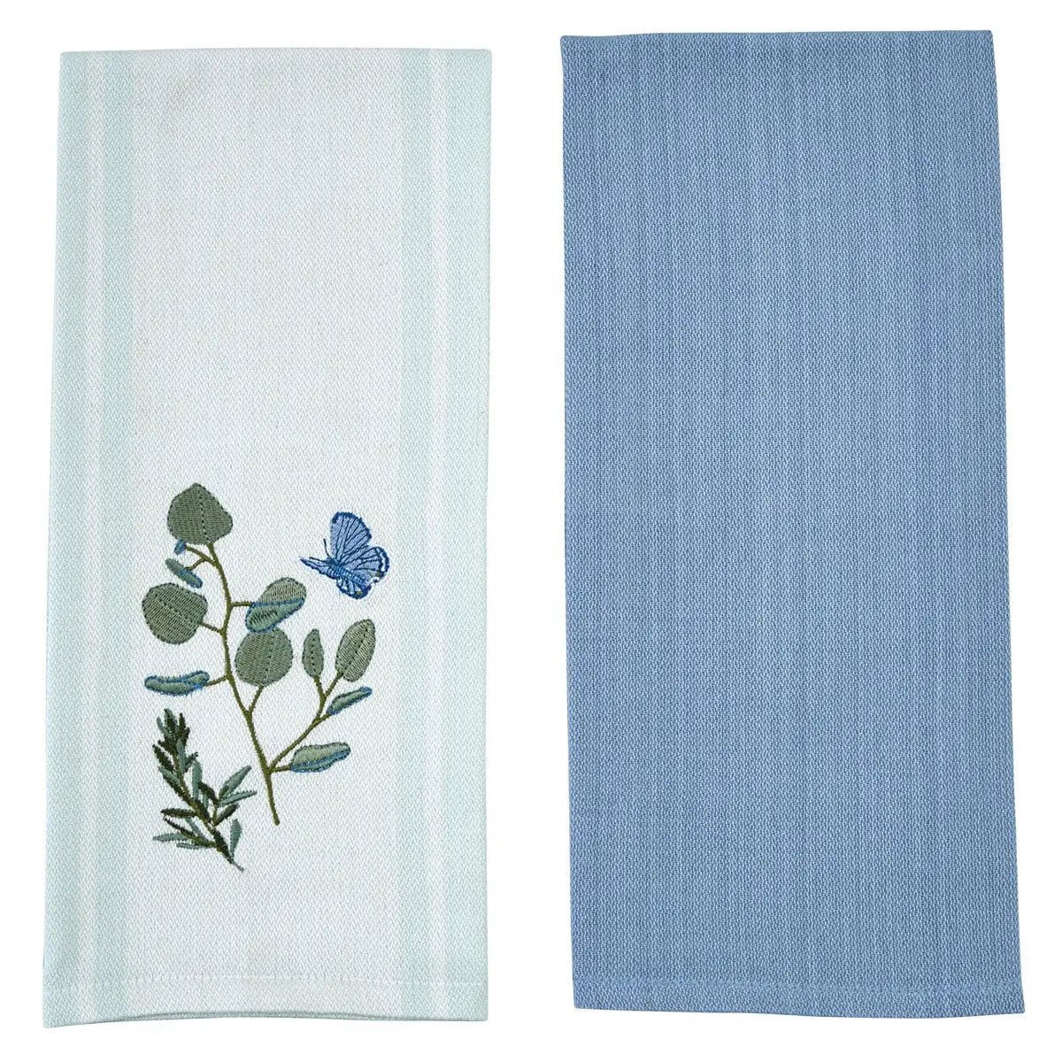 Two dishtowels set: white towel with eucalyptus embroidery and blue butterfly; blue solid towel on Tampa Home & Garden Store