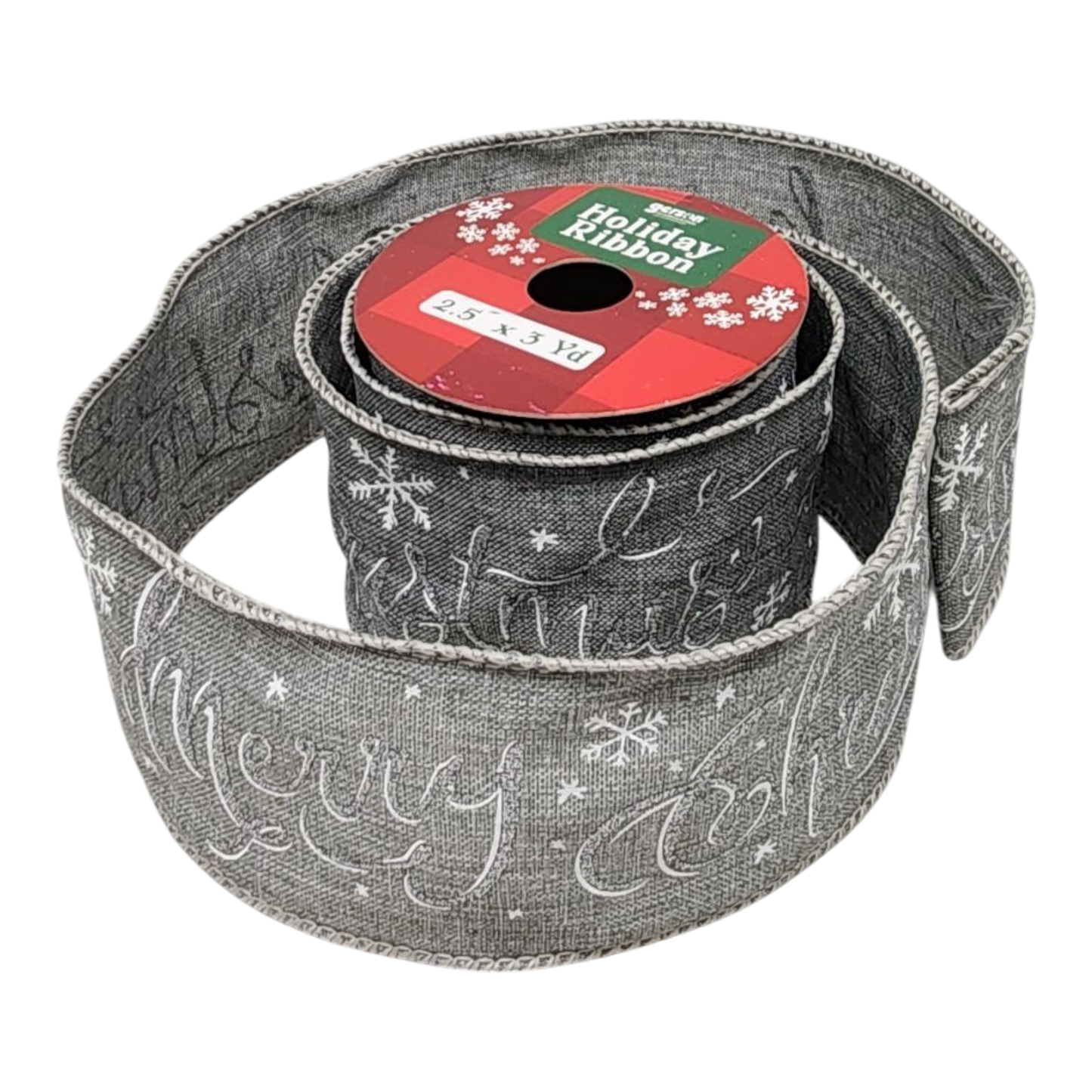 Cinta navideña plateada de 2,5" x 3 yardas - Feliz Navidad