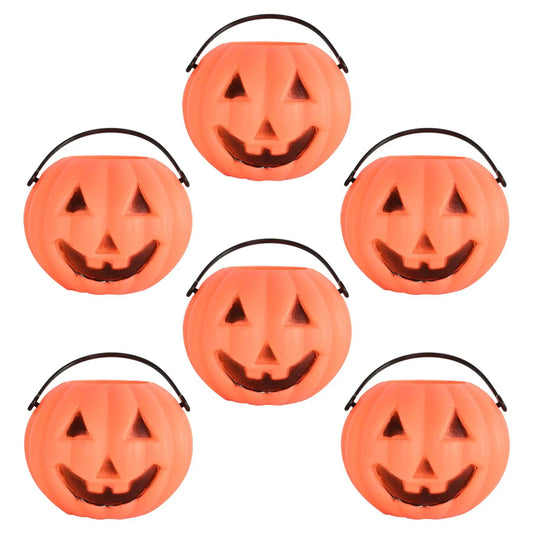 Group of orange plastic miniature pumpkin buckets with black handles for Halloween on Tampa Home & Garden Store
