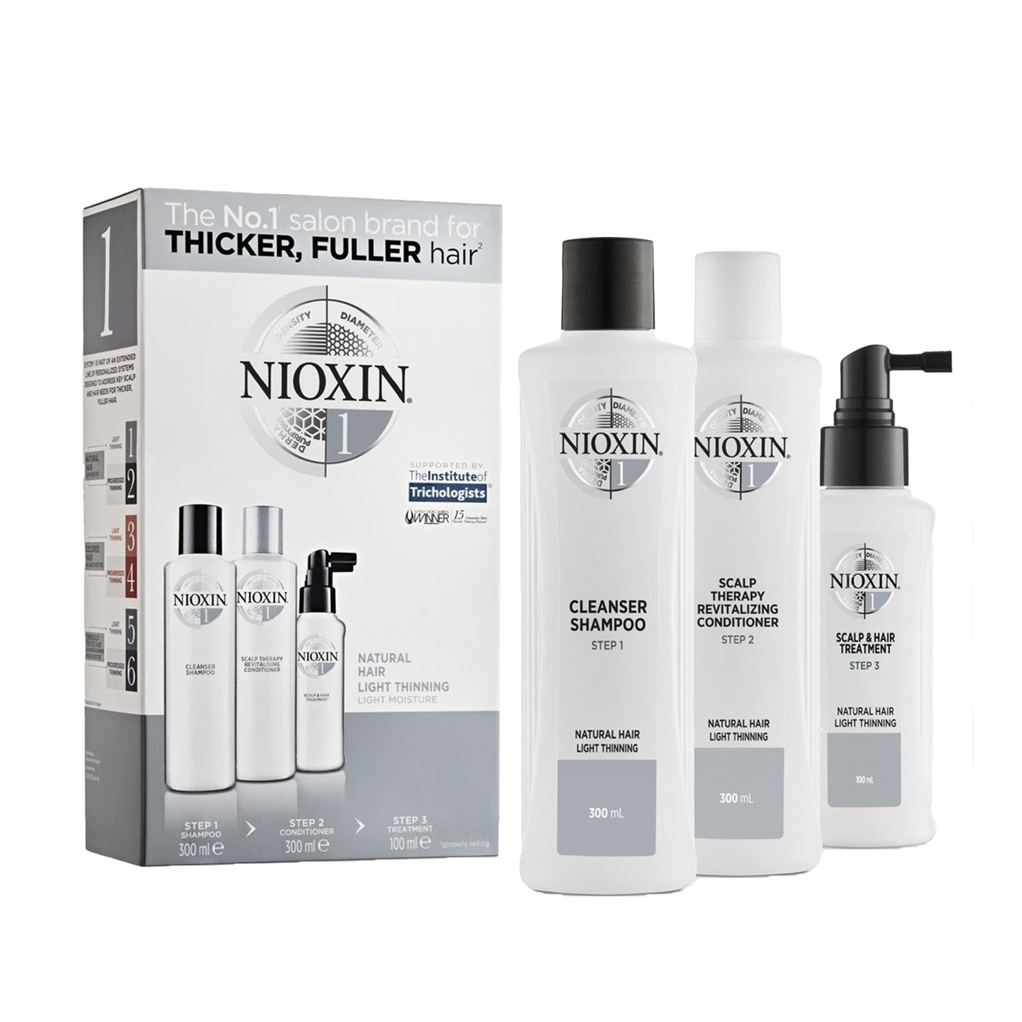 Nioxin hair care set for natural hair with 3 white bottles and a boxed display on Tampa Home & Garden Store