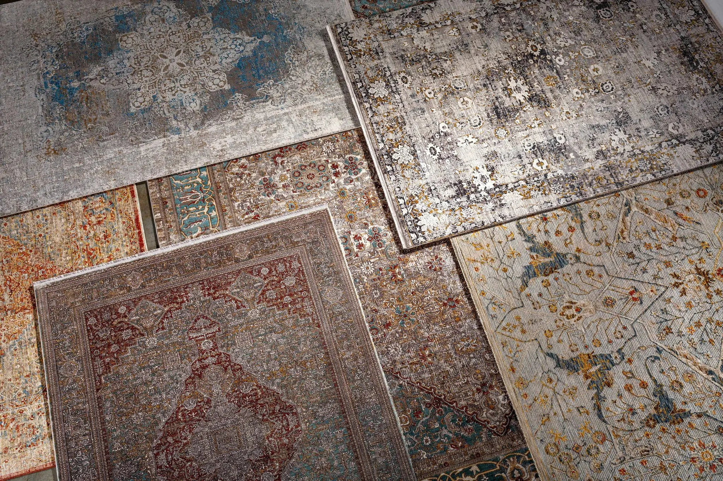 Bornova Luxe Oushak Rug cream and denim by Boutique Rugs, distressed vintage floral rug on Tampa Home & Garden Store