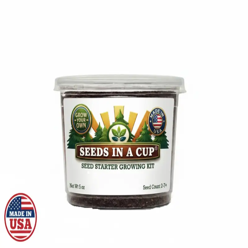 Vegetable and herb seed starter kit from Seeds In A Cup in a clear plastic cup with white lid on Tampa Home & Garden Store