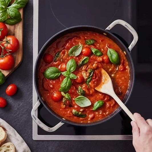 Alva Cookware ceramic nonstick sauté pan 3.5-Qt on stovetop with tomato sauce and fresh basil on Tampa Home & Garden Store