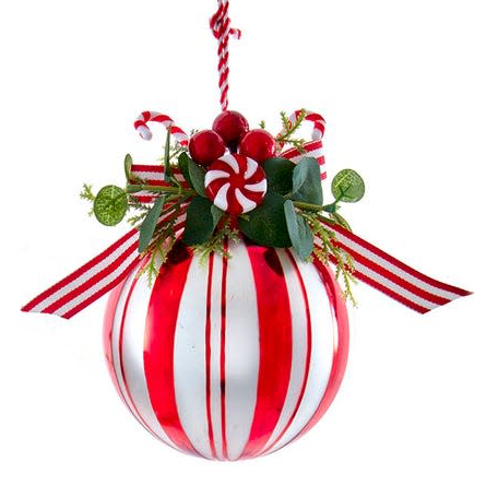 Peppermint Glass Ball With Candy and Greenery Ornament - - Tampa Home & Garden Store
