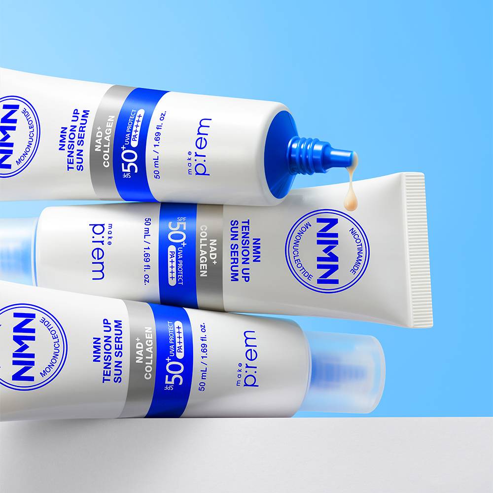 NMN Tension Up Sun Serum SPF50+ PA++++ by p:rem, three blue-white tubes, 50 ml on Tampa Home & Garden Store