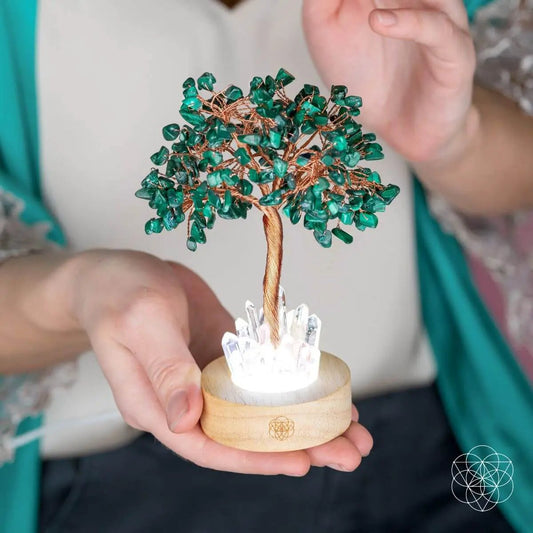 Malachite Anxiety Tree Lamp night light with copper wire tree and beads on crystal base on Tampa Home & Garden Store
