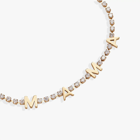 Mama Crystal Tennis Bracelet by Alex and Ani, gold-tone chain with pave crystals and M charms on Tampa Home & Garden Store