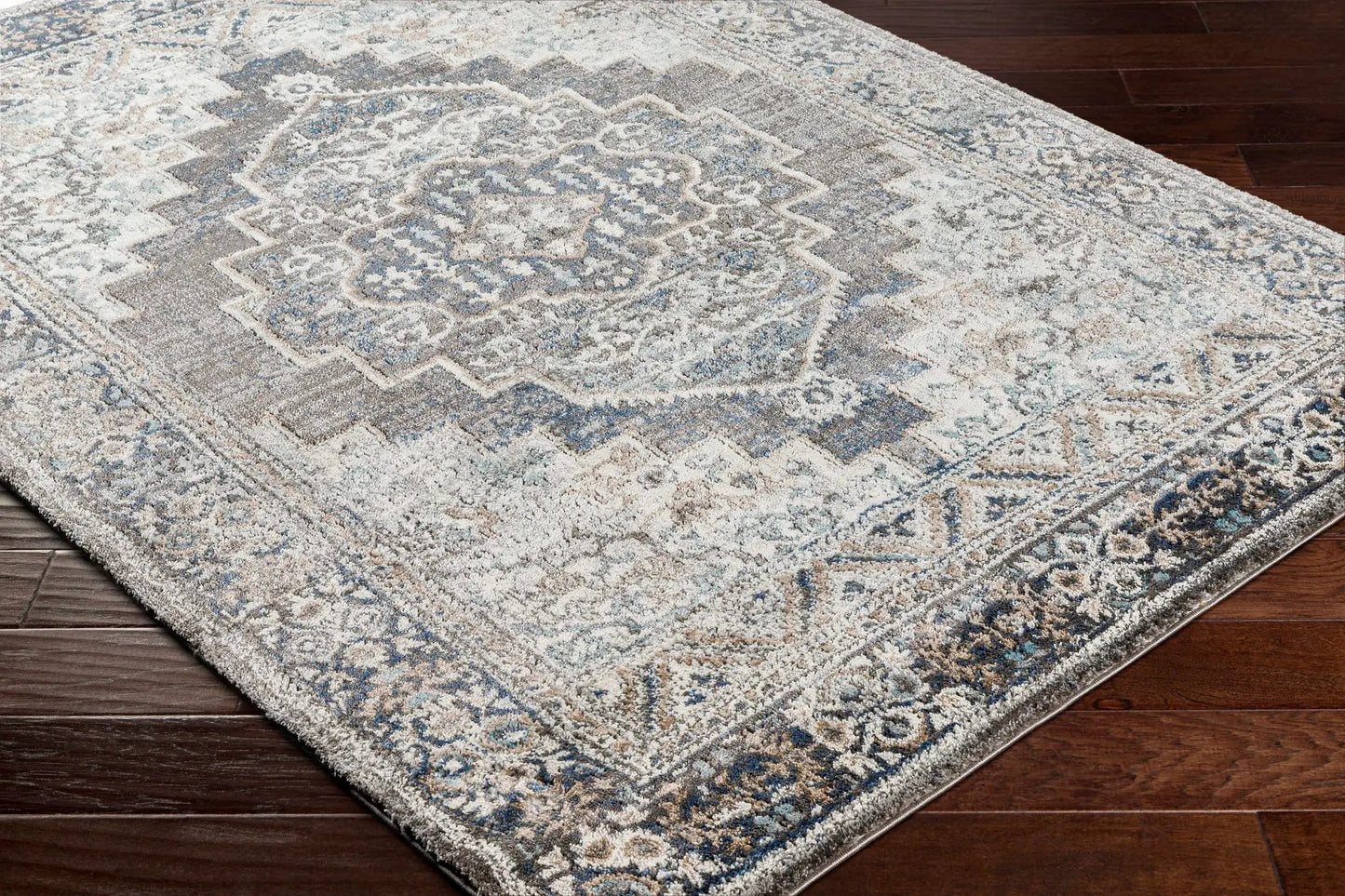 Manaring Luxe Thick Area Rug Machine Woven blue beige pattern Boutique Rugs on Tampa Home & Garden Store