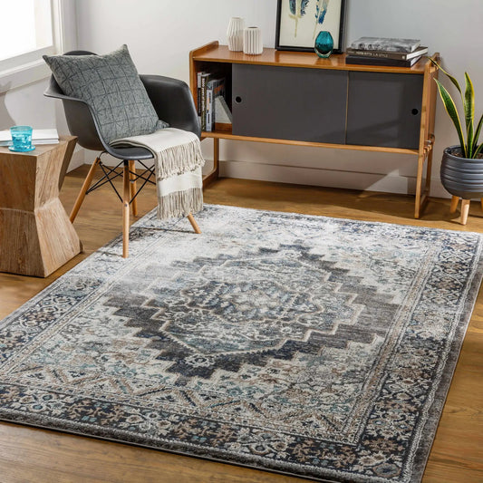 Manaring Luxe Thick Area Rug machine-woven by Boutique Rugs in blue-gray tones on Tampa Home & Garden Store