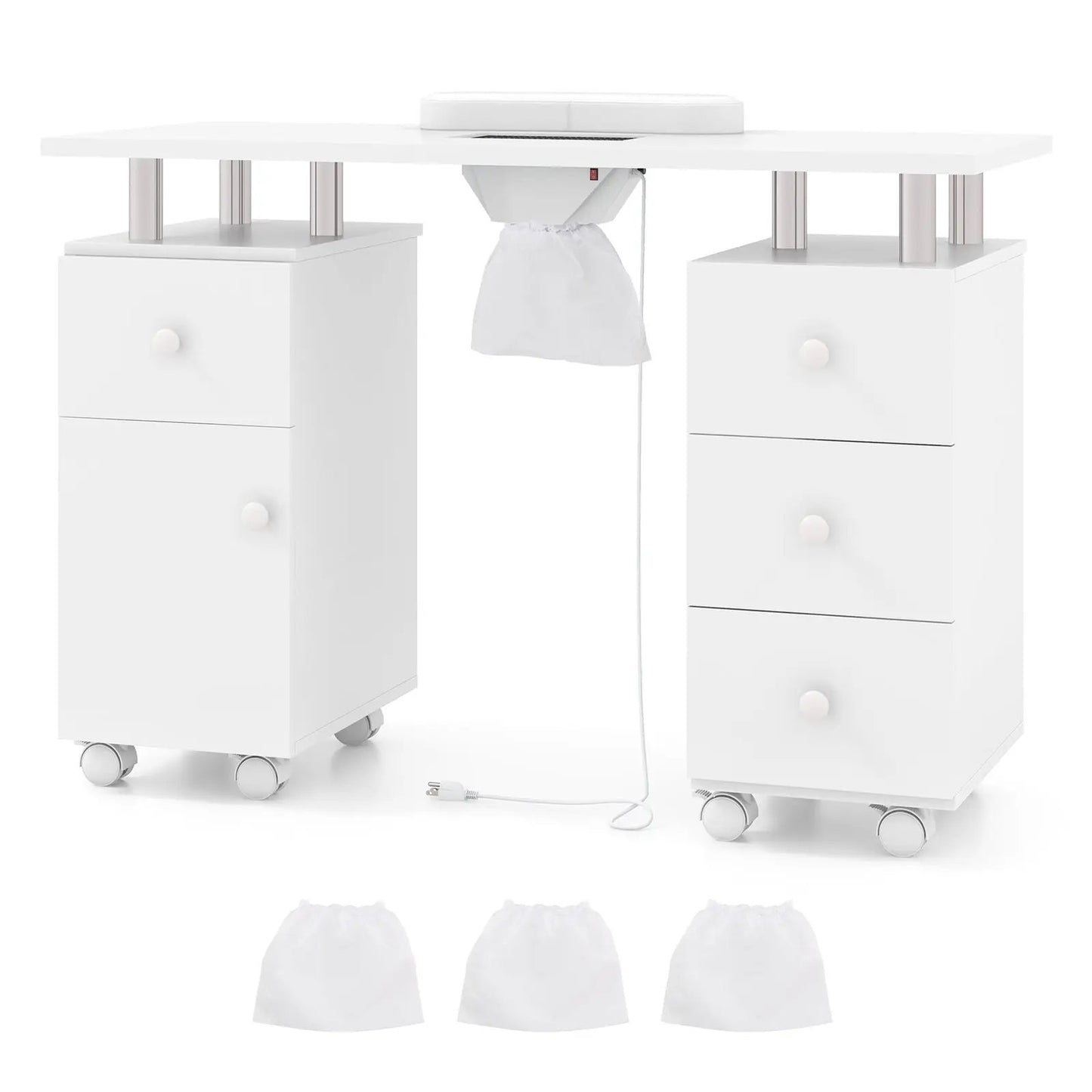 Manicure table with electric dust collector, white with two pedestals on wheels DirectDeals on Tampa Home & Garden Store