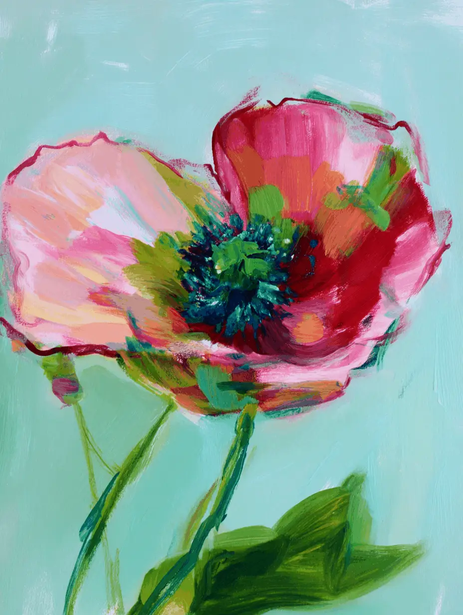 Bloom Art Print vibrant pink red botanical flower on a teal mint background on Tampa Home & Garden Store