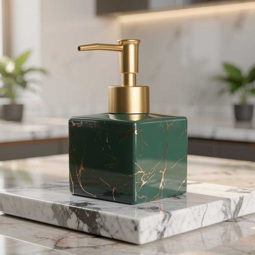 Marble green ceramic soap dispenser with gold pump by Moktan Sabai on marble tray on Tampa Home & Garden Store