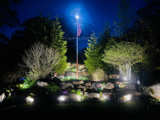 Quadruple Row Solar Flagpole Top Light by Flagman of America white LEDs illuminate at night on Tampa Home & Garden Store