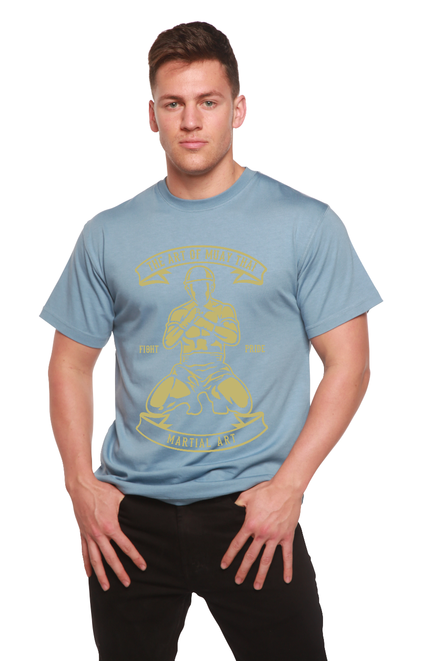 Martial Art Men's Bamboo/Organic Cotton Tee blue with yellow graphic Spun Bamboo on Tampa Home & Garden Store