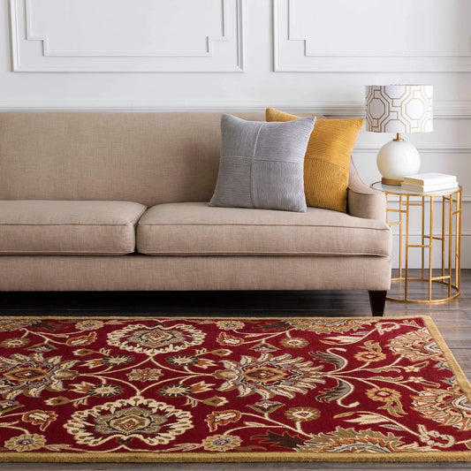 Conesus Red 1061 Hand Tufted Wool Rug with rich red oriental pattern and gold accents on Tampa Home & Garden Store