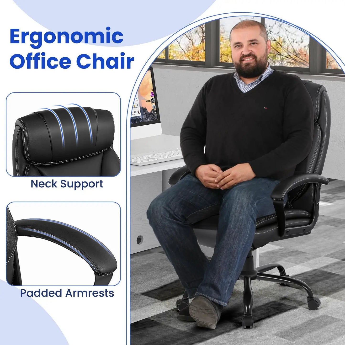 Massage Executive Chair with 6 vibrating points in black, neck support and padded armrests on Tampa Home & Garden Store