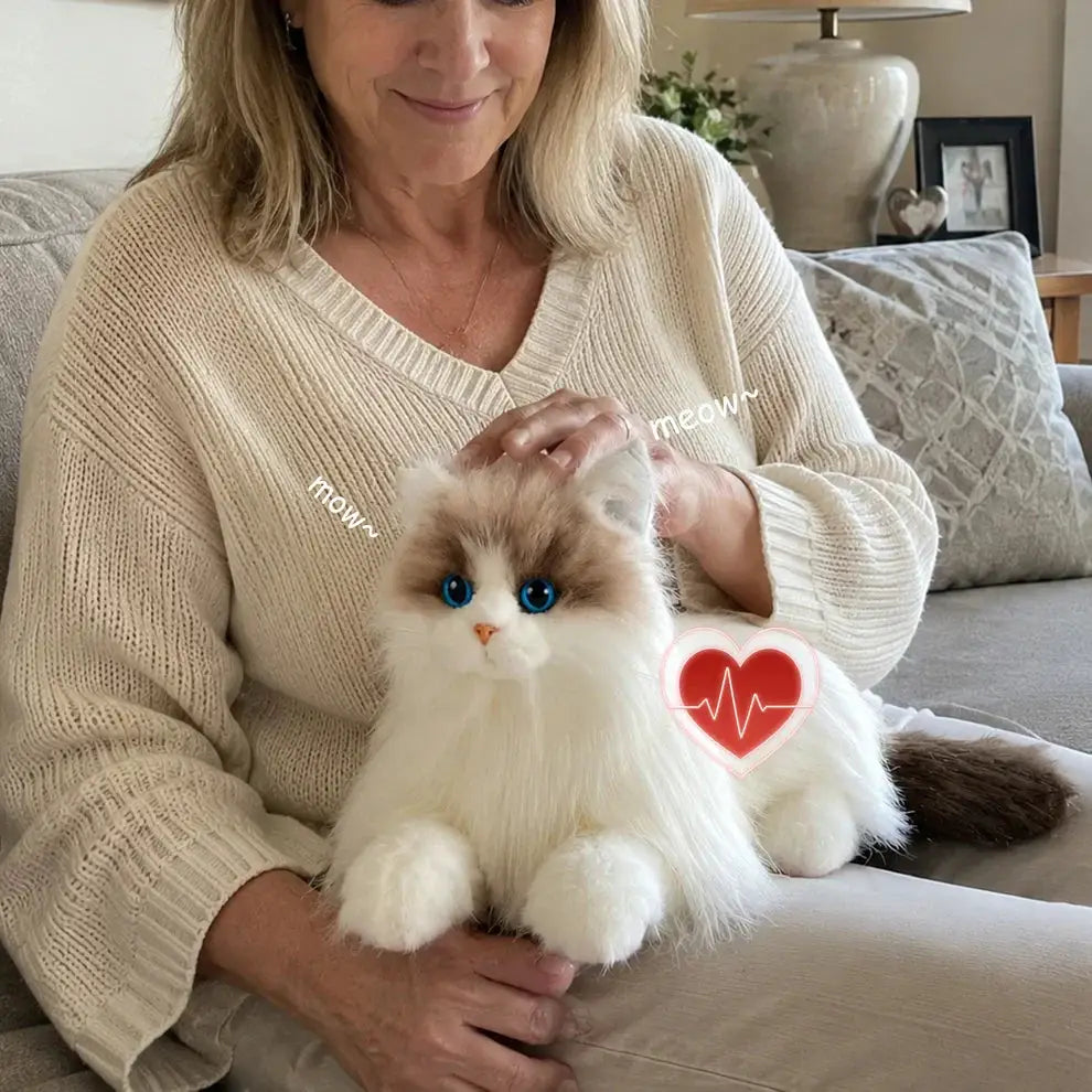 Percy Robot Cat Interactive Plush by Chongker, white/brown fur with blue eyes on Tampa Home & Garden Store