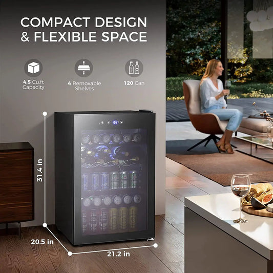 Kismile Matte Beverage Refrigerator W58128H, black matte, 120-can capacity, removable shelves on Tampa Home & Garden Store