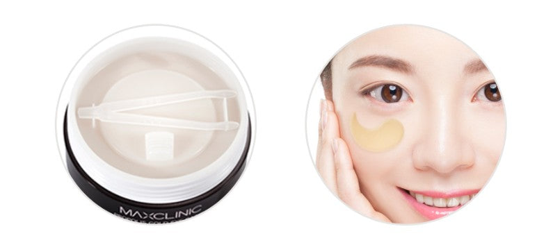 MAXCLINIC Propolis Gold Eye Patch jar with spatula and model applying under-eye patch on Tampa Home & Garden Store