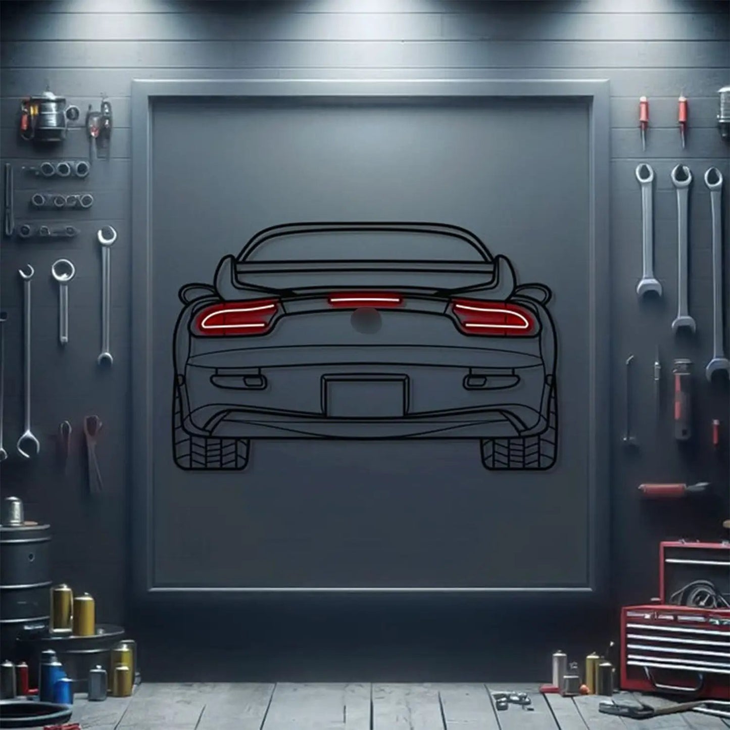 Rx7 Back View Metal Neon Car Wall Art by Modello Turbo; red neon taillights on garage backdrop on Tampa Home & Garden Store
