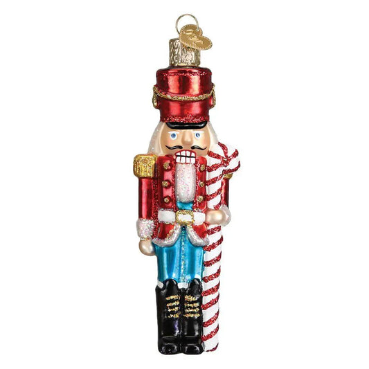 Peppermint Nutcracker glass ornament red hat, cane staff, blue pants Country Christmas Loft on Tampa Home & Garden Store
