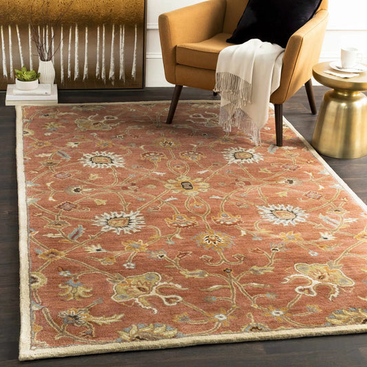 Logville Hand Tufted Wool Rug rust-red field with ivory border and floral motifs on Tampa Home & Garden Store