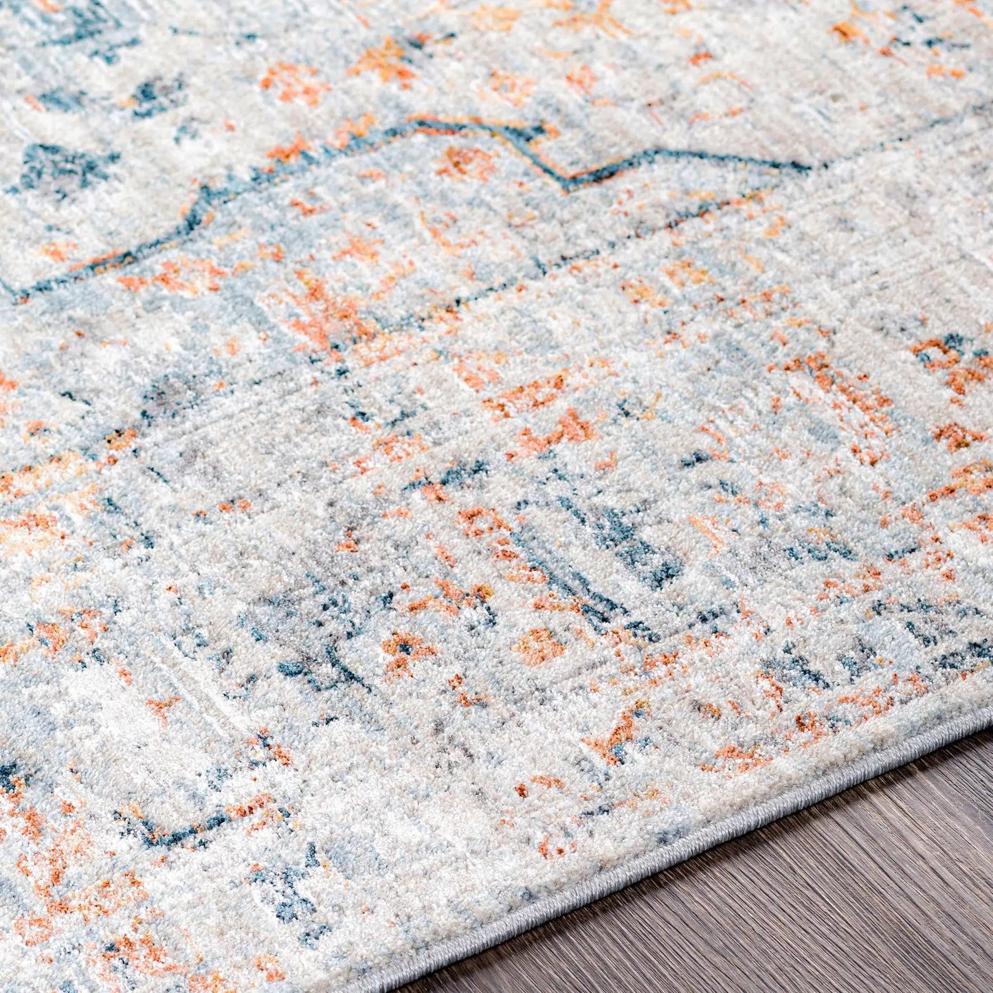 McKinlay Luxe Rug polyurethane machine-woven abstract gray blue orange pattern Boutique Rugs on Tampa Home & Garden Store