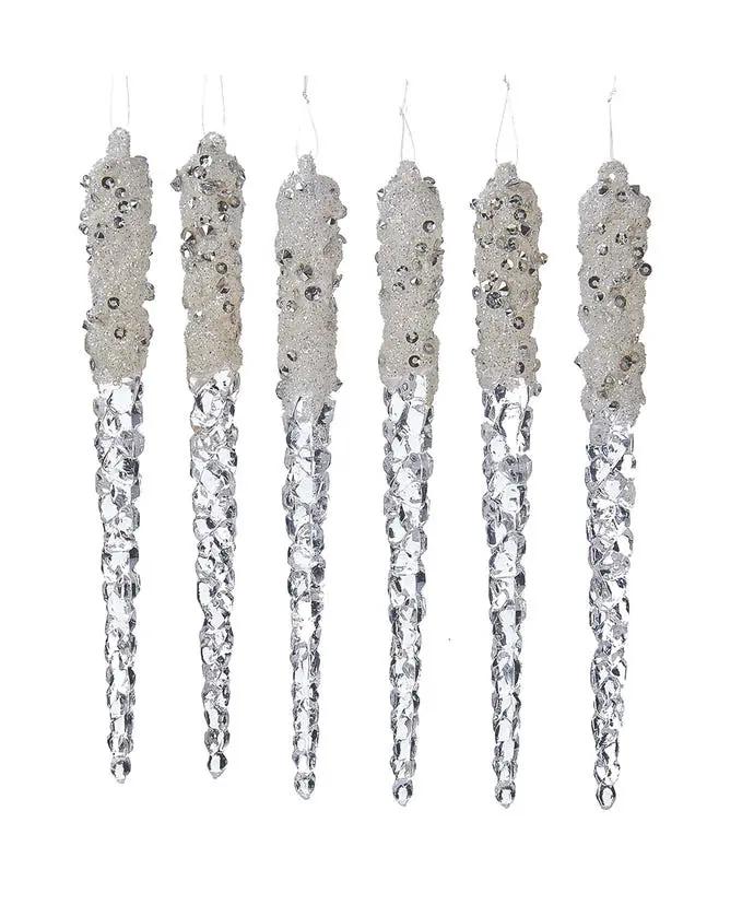 Glittered glass icicle ornaments with silver glitter caps and crystal accents on Tampa Home & Garden Store
