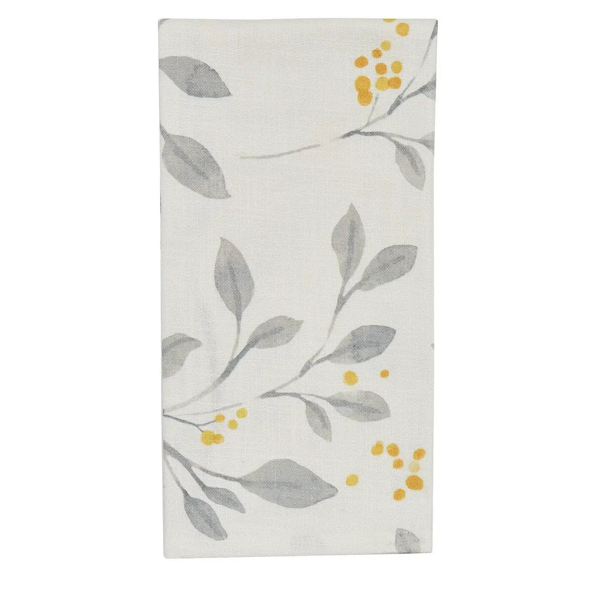 Harper Floral Dishtowel with Grey Leaves and Yellow Berry Clusters kitchen towel on Tampa Home & Garden Store