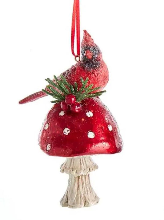 Cardinal on Mushroom Ornament, red polka-dot mushroom, hanging ribbon, Country Christmas Loft on Tampa Home & Garden Store