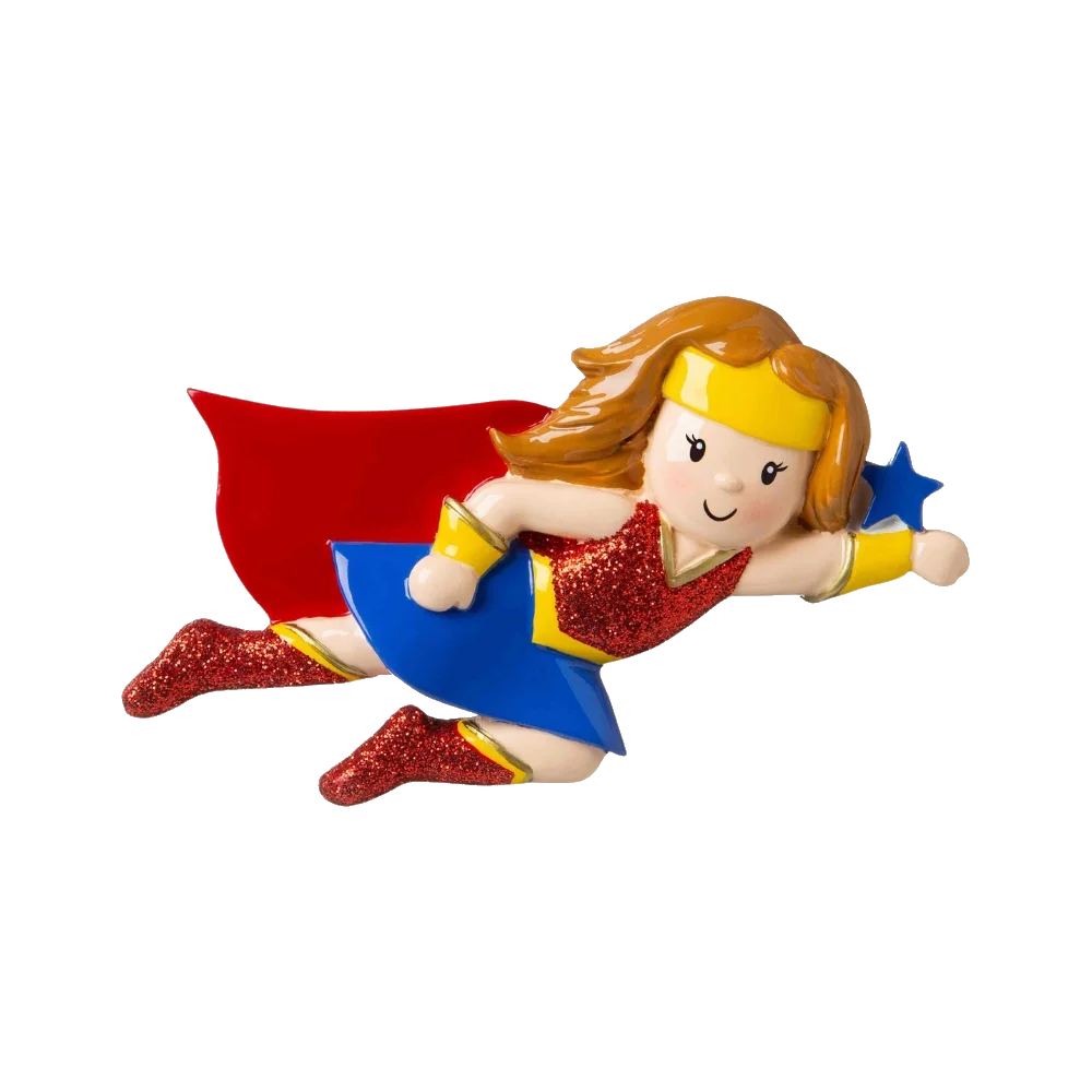 Girl Super Hero Ornament with Glitter Boots flying in red cape holding blue star on Tampa Home & Garden Store