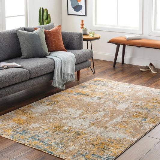 Meads Abstract Mustard Luxe Rug; mustard blue gray abstract pattern Boutique Rugs for home on Tampa Home & Garden Store