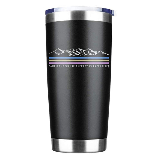 Outdoorzees 20oz insulated tumbler, black with mountain graphic and pastel stripes on Tampa Home & Garden Store.