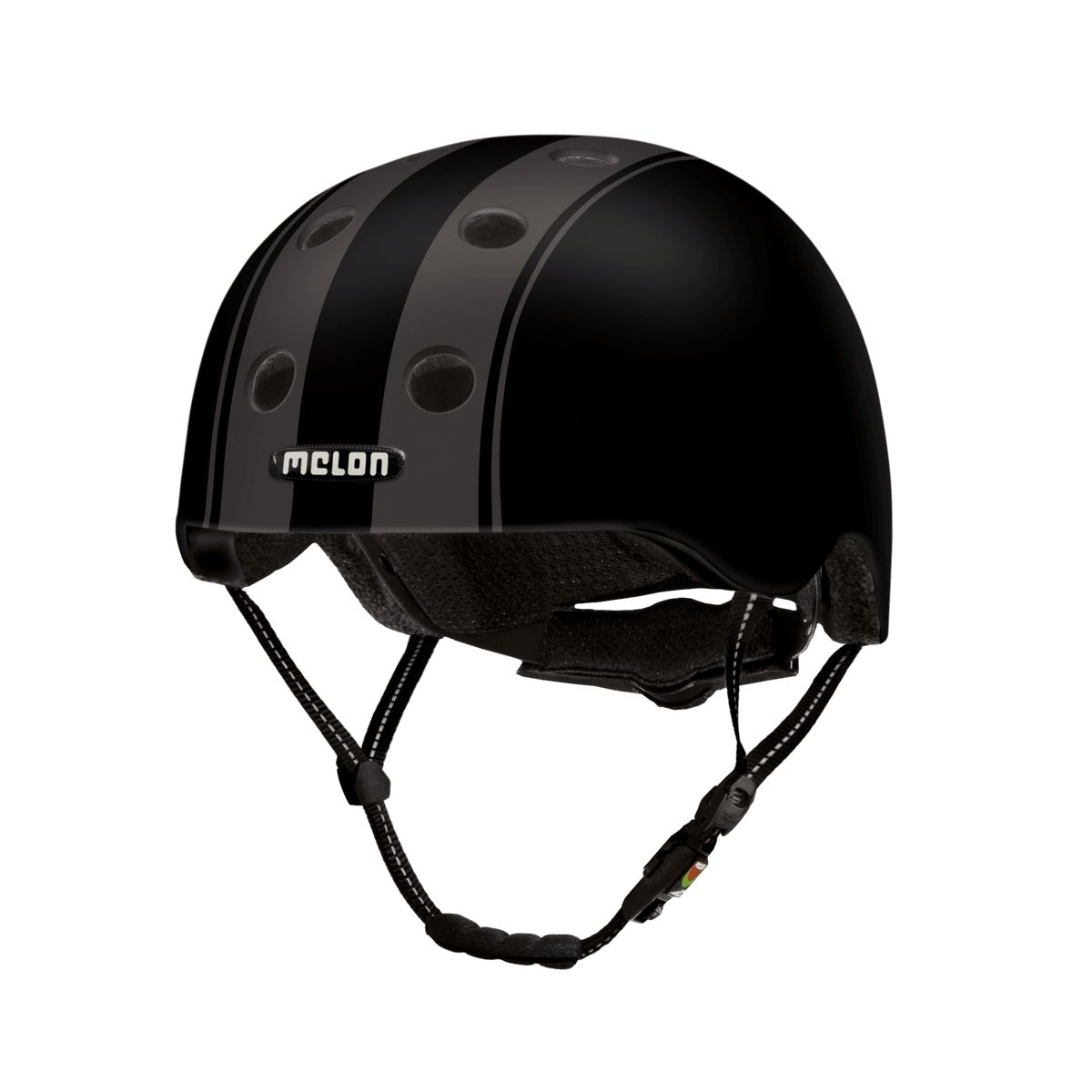 Double Black helmet by Melon USA; black shell with gray stripes and Melon logo patch on Tampa Home & Garden Store
